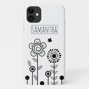 Funda Para iPhone 11 Flores simples, negras y blancas y nombre floral