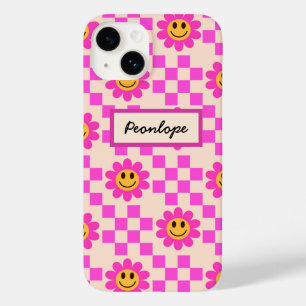 Funda Para iPhone 14 De Case-Mate Flores Sonrientes de Cuadros Rosa Caliente Persona