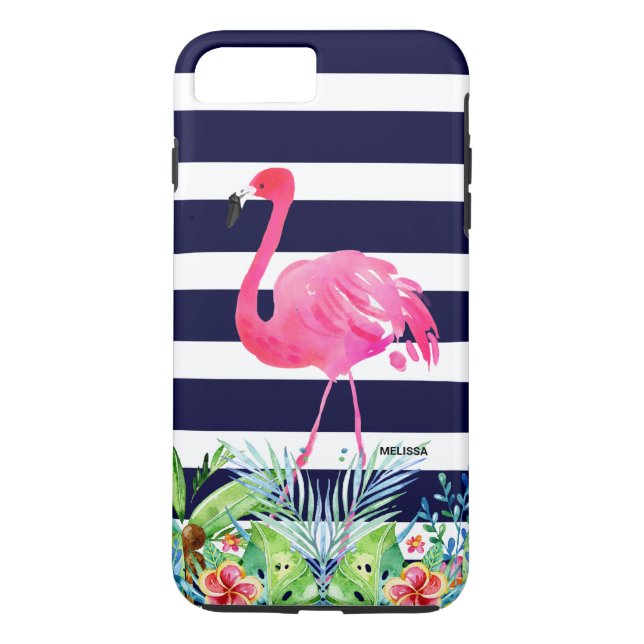 Funda De Case-Mate Para iPhone Flores tropicales estriadas azules y flamingo rosa (Reverso)