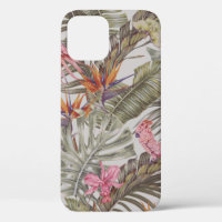 Flores tropicales, hojas de palma, pájaro del para