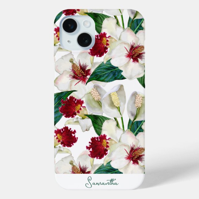 Funda De Case-Mate Para iPhone Flores Tropicales Veraniegas Rojas y Blancas Perso (Reverso )