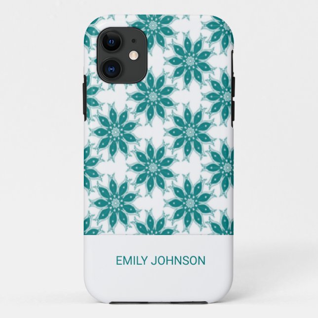 Funda De Case-Mate Para iPhone flores verde azuladas nombre personalizado blanco (Reverso)