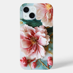 Funda Para iPhone 15 Flores verdes de ping-pong coloridas sobre mármol