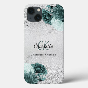 Funda Para iPhone 13 Flores verdes plateadas nombre elegante de monogra