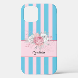 Funda Para iPhone 12 Flores y bandas de color turquesa y rosa dulces