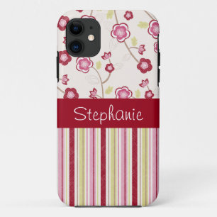 Funda Para iPhone 11 Flores y franjas rojas y rosas personalizadas