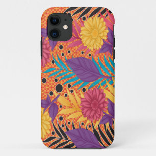 Funda Para iPhone 11 flores y hojas coloridas sobre un fondo negro