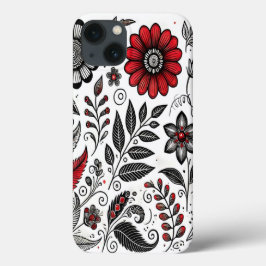 Funda Para iPhone 13 Flores y hojas de perro en rojo y negro