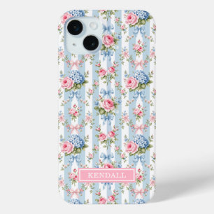 Funda Para iPhone 15 Mini Flores y lazos azules y rosados a rayas