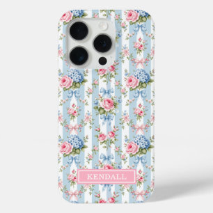 Funda Para iPhone 15 Pro Flores y lazos azules y rosados a rayas