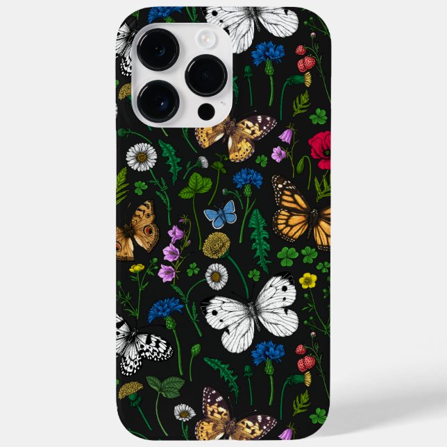 Funda De Case-Mate Para iPhone Flores y mariposas silvestres en negro (Reverso)