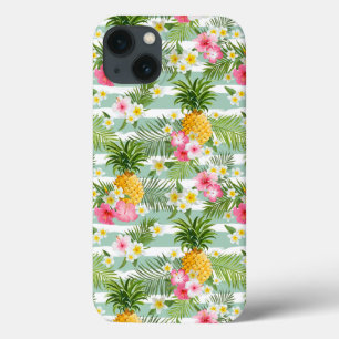 Funda Para iPhone 13 Flores y piña tropicales en rayas verde azuladas