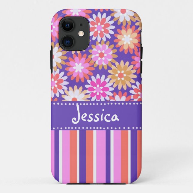Funda De Case-Mate Para iPhone Flores y rayas moradas y rosadas (Reverso)