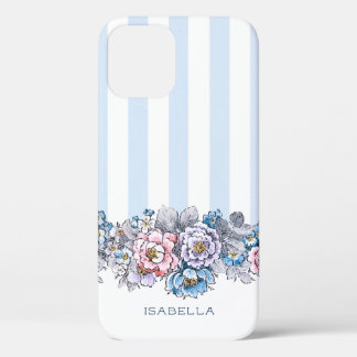 Funda Para iPhone 12 Flores y tiras rosadas y azules de bonito con nomb