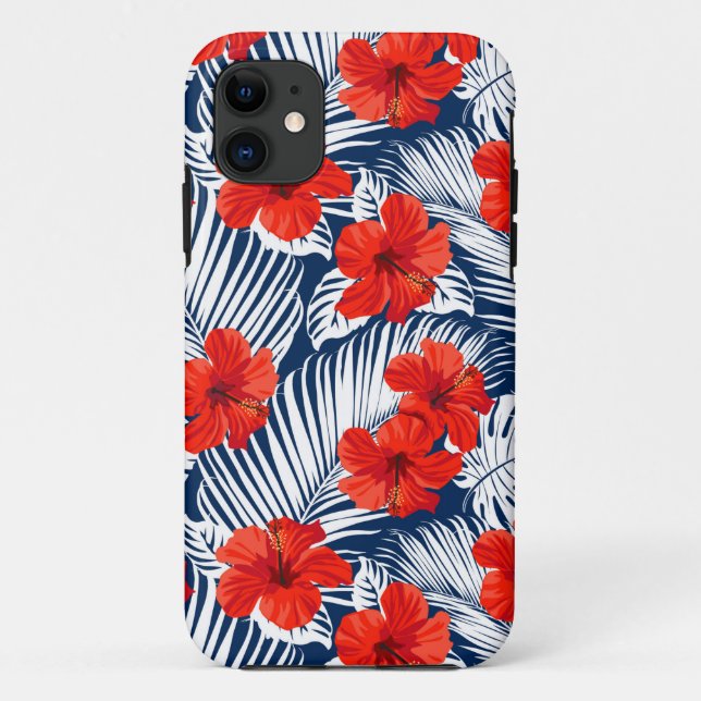 Funda De Case-Mate Para iPhone Foliage Tropical Con Hibiscus Floral Rojo (Reverso)
