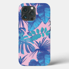 Funda Para iPhone 13 Pro Foliage tropical rosa y azul personalizado