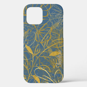 Funda Para iPhone 12 Fondo azul de la hoja dorada clásica