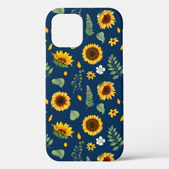 Funda De Case-Mate Para iPhone Fondo azul del patrón de girasol rústico lindo (Reverso )