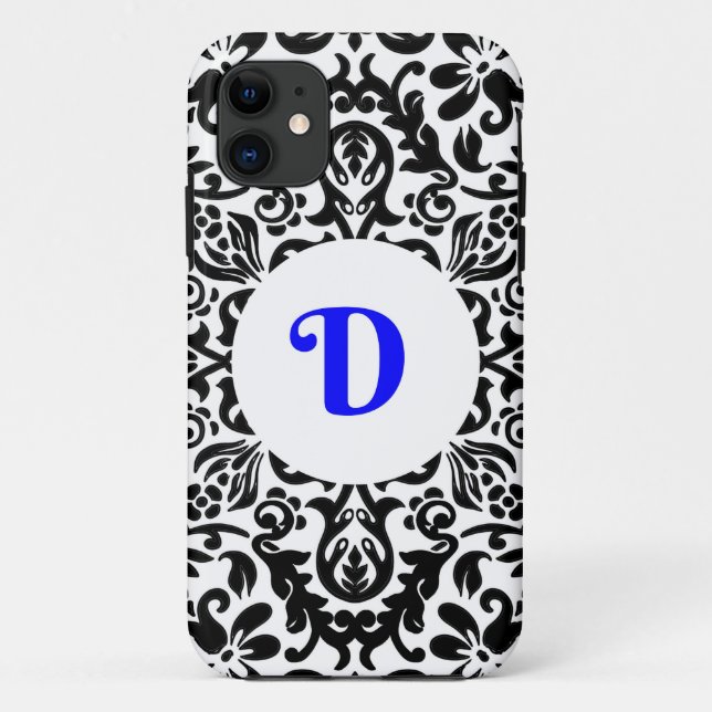 Funda De Case-Mate Para iPhone Fondo azul, negro y blanco monogramado D (Reverso)
