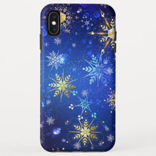 Funda Para iPhone XS Max Fondo azul XMAS con copos de nieve dorados