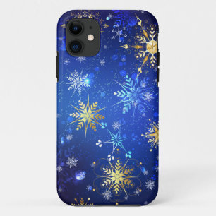 Funda Para iPhone 11 Fondo azul XMAS con copos de nieve dorados