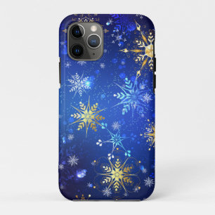 Funda Para iPhone 11 Pro Fondo azul XMAS con copos de nieve dorados