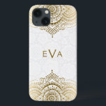 Funda Para iPhone 13 Fondo blanco del Personalizado de ornamentos de en<br><div class="desc">Elegante adorno de encaje floral adornado con dorado sobre el fondo de los círculos blancos. El diseño puede solicitarse en cualquier color y en cualquier producto que ofrecemos. Personalizado y monograma opcional.</div>