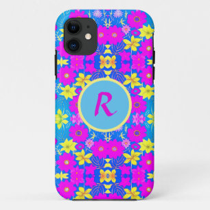 Funda Para iPhone 11 Fondo con patrón de flores rosas azules amarillas