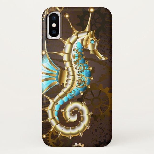 Funda De Case-Mate Para iPhone Fondo de madera con caballito de mar mecánico (Reverso)