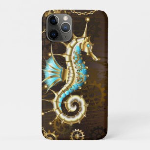 Funda Para iPhone 11 Pro Fondo de madera con caballito de mar mecánico