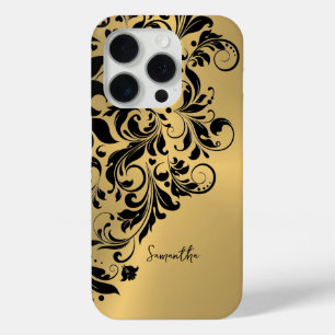 Funda Para iPhone 15 Pro Fondo metálico de oro Ornamento de nalga negra