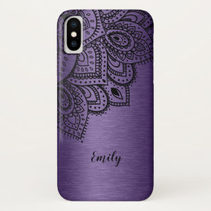 Funda Para iPhone X Fondo metalúrgico púrpura Mandala negra