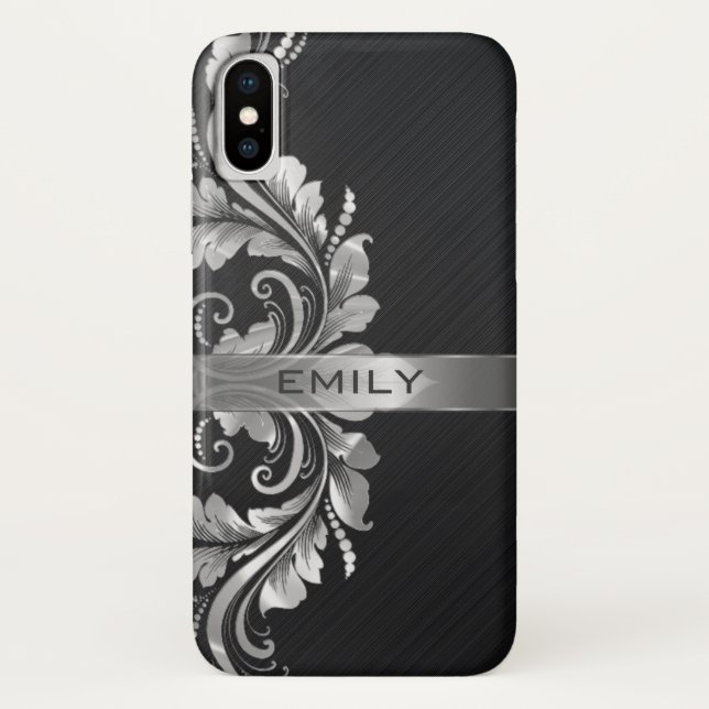 Funda De Case-Mate Para iPhone Fondo negro de giro floral plateado (Reverso)