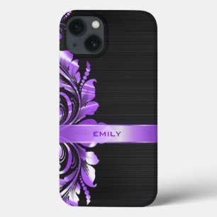 Funda Para iPhone 13 Fondo negro del Swirl Metallic Morado Floral