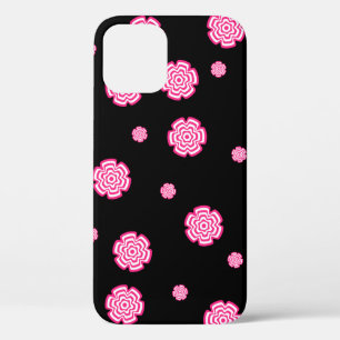 Funda Para iPhone 12 Fondo oscuro, flores rosa brillante estilizadas.