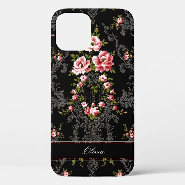 Funda De Case-Mate Para iPhone Fondo Rococo floral-negro francés personalizado (Reverso )