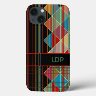Funda Para iPhone 13 Formas triangulares rayadas con iniciales en negro