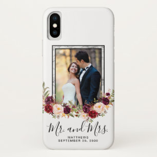 Funda Para iPhone X Foto boda Keepsake Mármol floral de Borgoña