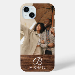 Funda Para iPhone 15 Mini Foto con Monograma en Madera Personalizada de Nomb