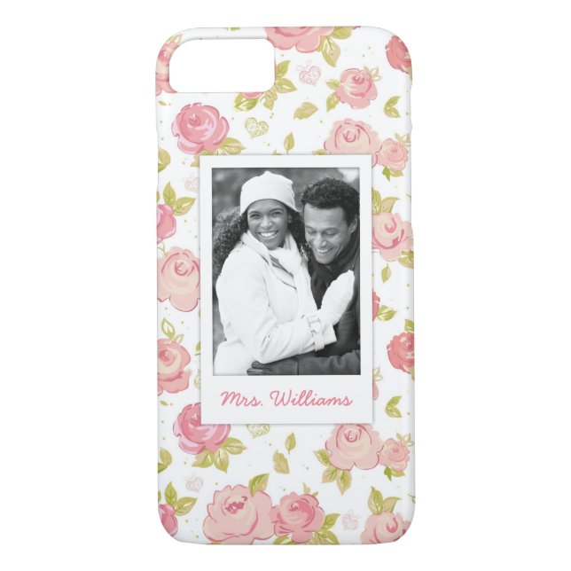 Funda De Case-Mate Para iPhone Foto de encargo y rosas rosados elegantes (Reverso)