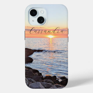 Funda Para iPhone 15 Foto del nombre del atardecer dorado del sol y el 