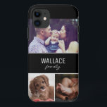 Funda Para iPhone 11 Foto familiar personalizada y apellido<br><div class="desc">Personalice este caso de teléfono celular con fotos familiares favoritas de los niños,  mamá,  papá,  abuelos,  nombre de familia o mascotas,  etc. Tres áreas de fotos. Tipografía moderna en un bloque negro. El nombre se repite en la parte posterior de este caso telefónico.</div>