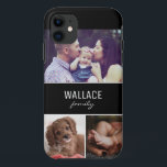 Funda Para iPhone 11 Foto familiar personalizada y apellido<br><div class="desc">Personalice este caso de teléfono celular con fotos familiares favoritas de los niños,  mamá,  papá,  abuelos,  nombre de familia o mascotas,  etc. Tres áreas de fotos. Tipografía moderna en un bloque negro. El nombre se repite en la parte posterior de este caso telefónico.</div>