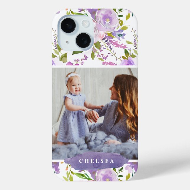Funda De Case-Mate Para iPhone Foto floral de Lilac y monograma (Reverso )