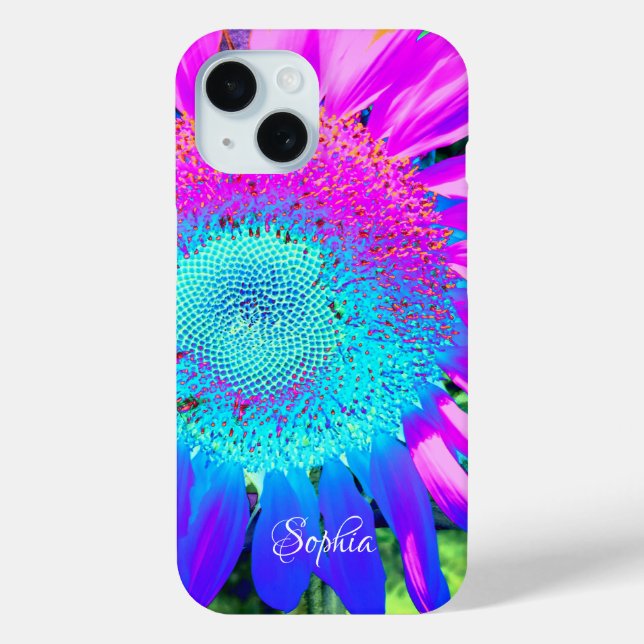 Funda De Case-Mate Para iPhone Foto retro funky de girasol azul rosa (Reverso )