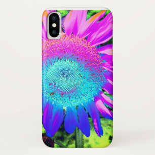 Funda Para iPhone X Foto retro funky de girasol azul rosa 