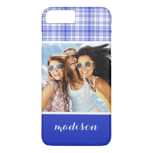 Funda Para iPhone 8 Plus/7 Plus Foto y nombre personalizado Blue White Plaid 2
