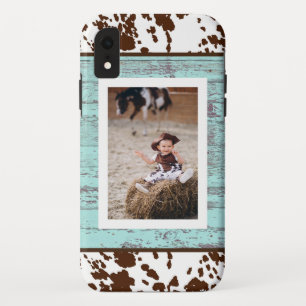 Funda Para iPhone XR Fotomontaje de Cuero de Vaca Turquesa Occidental R