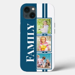 Funda Para iPhone 13 Fotos de familia azules y blancas con franja