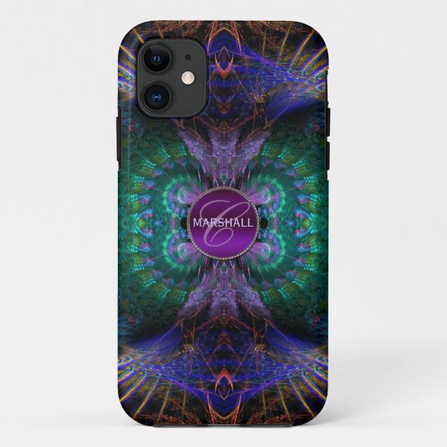 Funda De Case-Mate Para iPhone Fractal Feathers Monograma Nombre personalizado (Reverso)